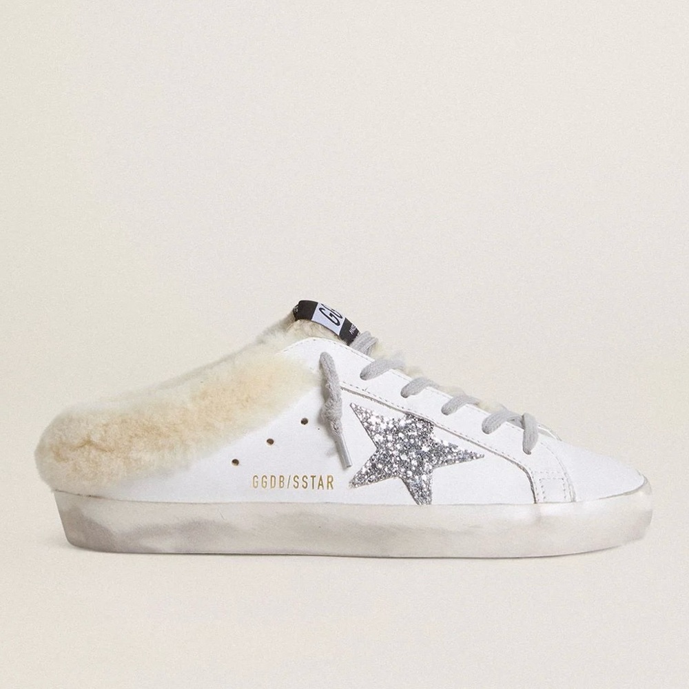 Golden Goose Super Star Sabots, Shearling, Silver Glitter Star, size 38 / 8.